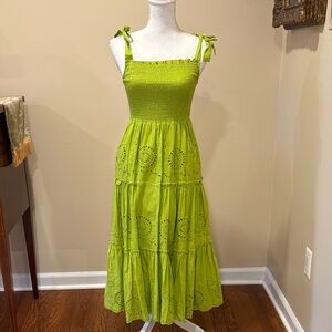 Vibrant Green Smocked Midi Dress